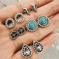 Vintage Geometric Crystal Earring Set Women Leaves Turquoise Stud Earrings Jewelry Accessories Gift