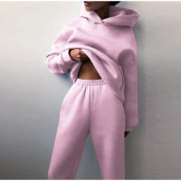 Women Tracksuit Set Solid Long Sleeve Sport Suits Autumn Winter Warm Hooded Sweatshirts And Jogger Pants Fleece Two Piece Set