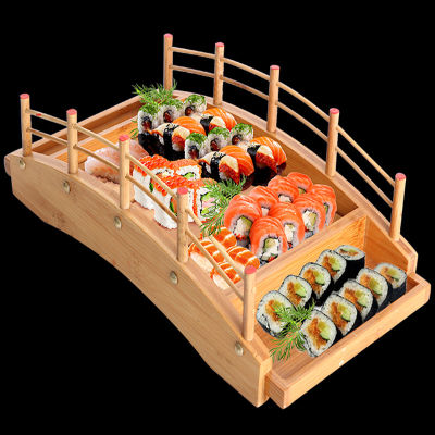 ญี่ปุ่นไม้ซูชิสะพานเรือสนสร้างสรรค์ซูชิซาซิมิแผ่นแผ่นเสียงซูชิบนโต๊ะอาหารเครื่องประดับตกแต่ง