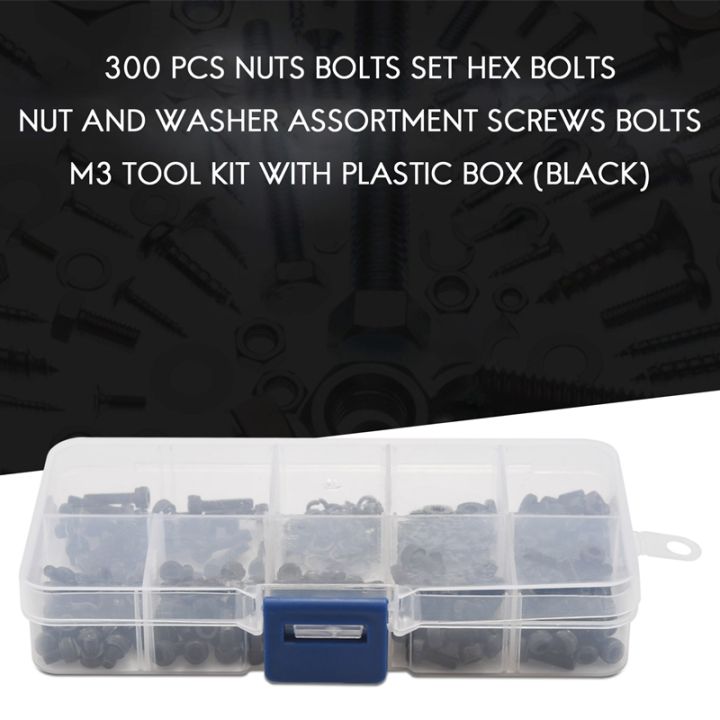 300-pcs-nuts-bolts-set-hex-bolts-nut-and-washer-assortment-screws-bolts-m3-tool-kit-with-plastic-box-black