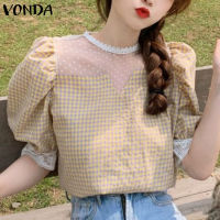 MASHYCHIC VONDA เสื้อเสื้อยืดคอกลมแฟชั่นสำหรับผู้หญิงแขนพัฟลายสก๊อต (ลำลองเกาหลี)