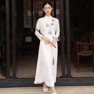 Retro Hand-Painted Aodai Cheongsam กระโปรงผู้หญิงคลาสสิก Zen เสื้อผ้า Republic Of China สไตล์วรรณกรรมกระโปรงยาว Clothing