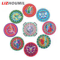 LIZHOUMIL จานรองแก้วลายศิลป์เพชร8ชิ้น10X10ซม. ชุดจิตรกรรมตกแต่งเพชรแบบทำมือห้องครัวที่รองเครื่องดื่มงานฝีมือ