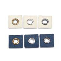 30pcs/lot 27mm square Navy/Beige leather sew on Badges patch labels inner 8mm metal brass eyelets grommets free ship