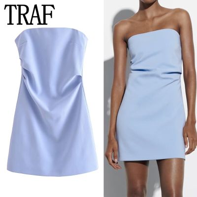 TRAF ชุดเดรสเสื้อแขนสั้นผู้หญิงเครื่องแต่งกายสีฟ้ามินิ,เดรสเปิด2023ชุดคอร์เซ็ตเซ็กซี่ไม่มีจีบชุดเดรสปาร์ตี้ตอนเย็น