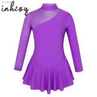 ☎✁┋ Kids Girls Rhythmic Gymnastics Leotard Dress Long Sleeves Mock Neck Tulle Splice Cutouts Figure Ice Skating Dress Dance Clothes