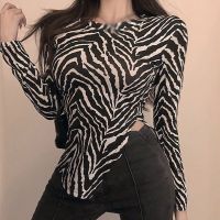 Summer Women Round Neck Zebra Stripe Casual Slim Long Sleeve T-Shirt Tops Shirts Sexy Long Sleeve Leopard Streetwear