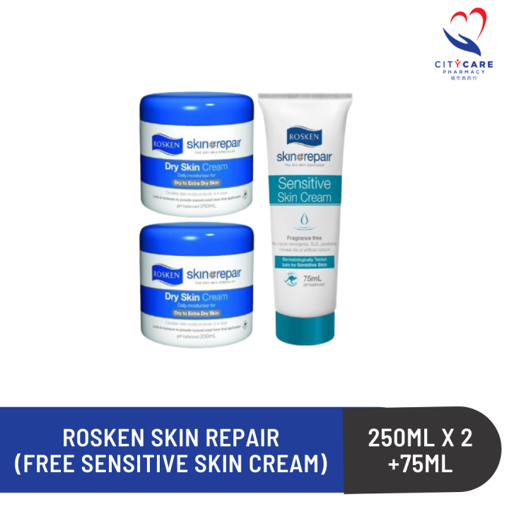 Rosken Skin Repair Dry Skin Cream 250ml x 2 + FREE 75ml Sensitive Skin ...