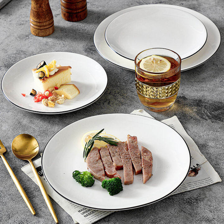 Nordic Ceramic Plate Tableware Dinner Plate Plain White Black Edge