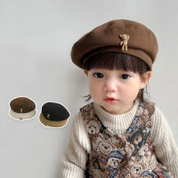 หมวก Topi Baret Bayi สีทึบหมวกหมวกบีนนีลายหมีการ์ตูนน่ารักสำหรับเด็กชายเด็กหญิงวัยหัดเดินฤดูใบไม้ร่วงเด็กอบอุ่นในฤดูหนาวหมวกเบเรต์ผ้าวูลสตรีศิลปิน