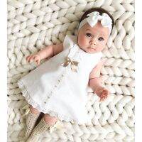 2020 Baby Summer Clothing 0-24M Infant Newborn Baby Girl Lace Dress Sleeveless Bowknot Rib Solid White Shift Gown Headband  by Hs2023