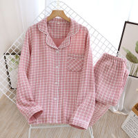 Lovers Plaid Pajamas Casual Long Sleeve Pants Pijamas Two Piece Lapel Cardigan Loose Home Wear Women Cotton Crepe Sleepwear Men