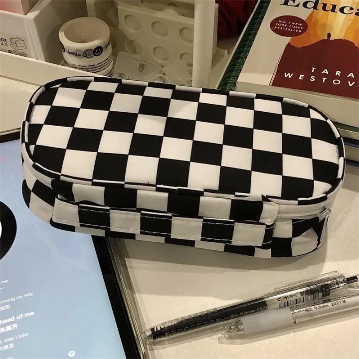 simple-large-capacity-black-and-white-plaid-pencil-case-portable-canvas-material-pencil-bag-school-office-supplies-stationery