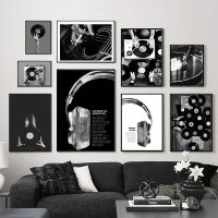 2023 ♛™✓ Vintage Music Black And White Vinyl Record Poster Wall Art Headphone Lyrics Canvas Painting Prints Music Studio Room Decor