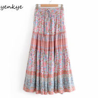 2021YENKYE Vintage Floral Print Boho Long Skirt Women Drawstring Elastic High Waist Big Swing Holiday Summer Skirt Maxi saia