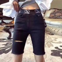 COD jfdss High Waist Denim Shorts Jeans-Summer Thin Style Korean Version Slim-Fit Elastic Middle Pants Women Slimmer Look Casual Printed Raw Ripped Jeans-Shorts Hot Wide Leg Womens