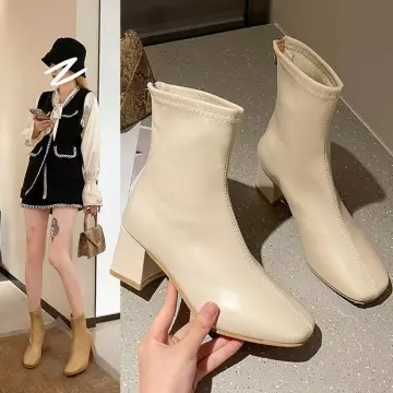 Selena Block Heel Ankle Boots with Zip Detail in Cream | ikrush