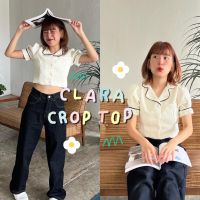 Chuuchop_พร้อมส่ง(C7775)?✨Clara crop top เสื้อครอปผ้าทวีตสีขาวครีม