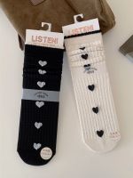 （STOCK） AQUA Spring And Autumn Versatile Jk Socks Korean Girls Lace Love Black White Mid-Calf Pile For Women