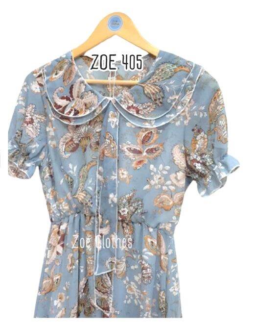 zoe-clothes-เดรสพร้อมจัดส่ง-เนื้อผ้าชีฟอง-คอบัว-ผูกโบ-แขนสั้น-ทรงตุ๊กตา-ปลายจั๊ม-zoe-405-มีซับใน