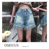 [OMIUUS] กางเกงยีนส์  ของผู้หญิงย้อนยุควินเทจสวมใส่กางเกงขาสั้นชาย Celana Pendek Denim เอวสูง