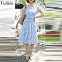 (จัดส่งฟรี)Fancystyle ZANZEA ชุดเดรสแขนหมวกแก๊ปลายตารางสำหรับสตรีแบบลำลองคอกลมชุดเดรสทรงเอลายตารางของสตรี #11