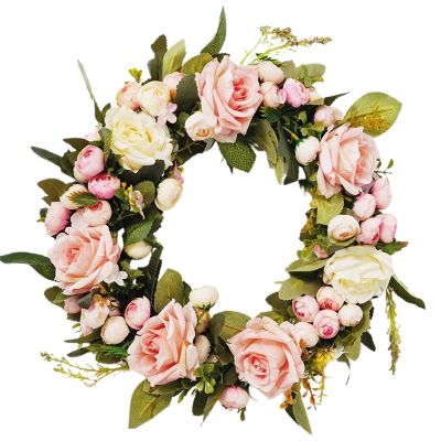 13 Inch Pink Rose Wreath Floral Wreath Classic Handmade Flowers for Front Door Wall Wedding Party Christmas Home Decor