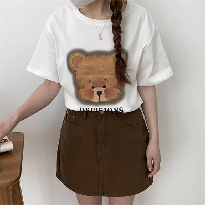shenghao เสื้อยืดคอกลมแขนสั้นพิมพ์ลายการ์ตูนหมีสำหรับผู้หญิงทรงหลวมลำลอง