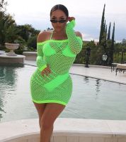 ▫卍 Sexy Neon Green Summer Beach Dress Women Off the Shoulder Long Sleeve Bodycon Dress Mesh Hollow Out Clubwear Mini Dress Vestidos