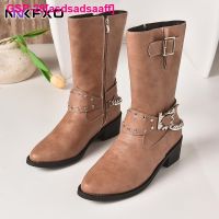 Asdsadsaaff Botas De Bezerro Médio Feminino Toe Redondo Salto Quadrado Rebite Metálica Zíper Lide Moda Oute Inverno QB336 2023