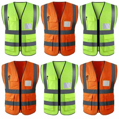 9QSS แจ็คเก็ตสีส้มเหลือง เสื้อกั๊ก แถบความปลอดภัย ความปลอดภัย ซักได้ ทัศนวิสัยสูง สะท้อนแสง เสื้อชูชีพ มีกระเป๋า