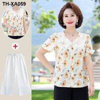 ◇∋ temperament mothers summer dress short-sleeved floral chiffon 50 years old and 60 middle-aged womens t-shirt set