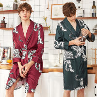 Men Satin Kimono Summer Silk Bathrobe Red Tiger Knee Length Long Sleeve Bath Robe Dark Green Dressing Gown for Male Sleepwear