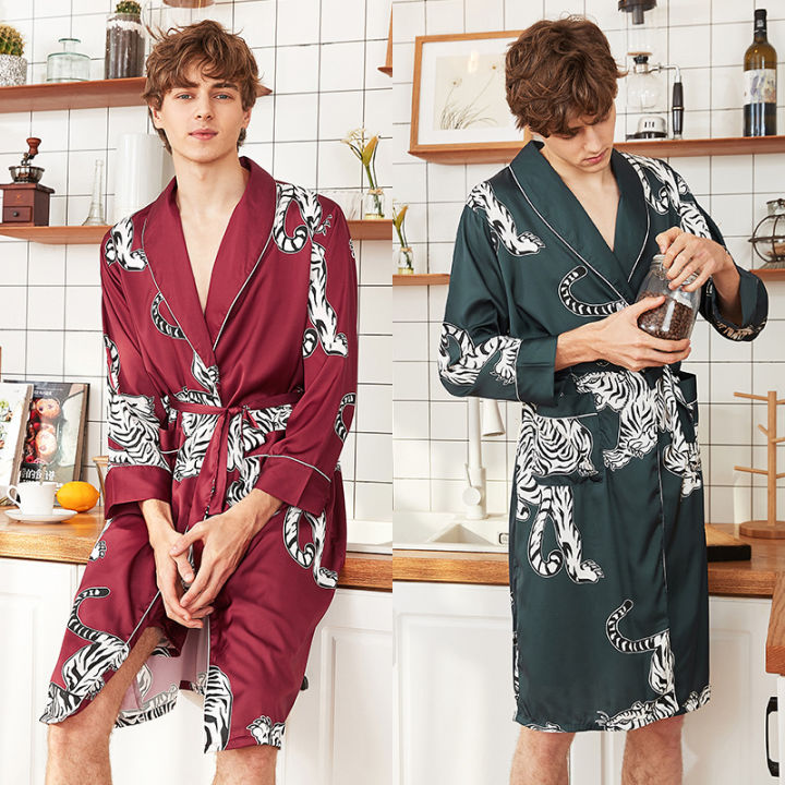 Mens Kimono Bathrobe Cotton Tiger Printed Pajama Sleepwear Night