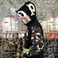 BAPE เสื้อสเวตเตอร์ลายจุดสะท้อนแสงลายฉลามหัวแพนด้าเสื้อแจ็กเก็ตผ้าฟลีซลายคาร์ดิแกนแบรนด์สำหรับเด็กผู้ชายเสื้อแจ็กเก็ตแบบขนาดใหญ่ที่สวมหน้ากากทันสมัย