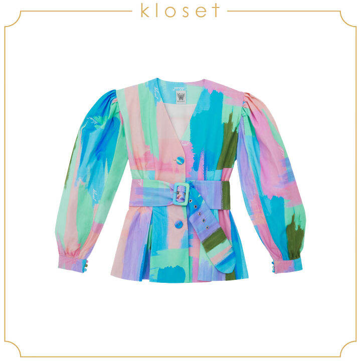 kloset-painter-button-belt-top-ss21-t022-เสื้อแขนพอง-เสื้อผ้าพิมพ์-เสื้อพร้อมเข็มขัด-เสื้อผ้าผู้หญิง-เสื้อผู้หญิง