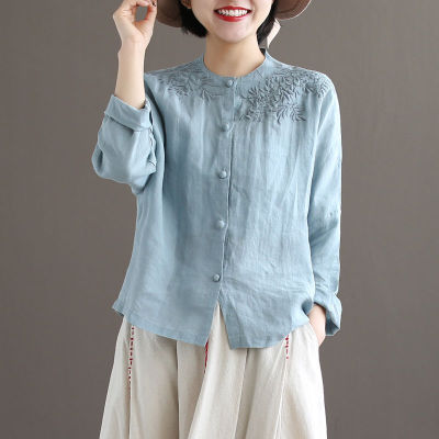 Vintage Cotton And Linen Embroidered Shirt Womens 2022 Autumn New Artist Style Loose Long-Sleeved All-Match Solid Color Base Shirt