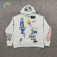 Hip Hop Streetwear Hand Painted Graffiti Sounde Hoodie ผู้ชายผู้หญิงผ้าฝ้ายคุณภาพสูง Pullover Hoody หลวมสีเทา Cylinde Sweatshirts