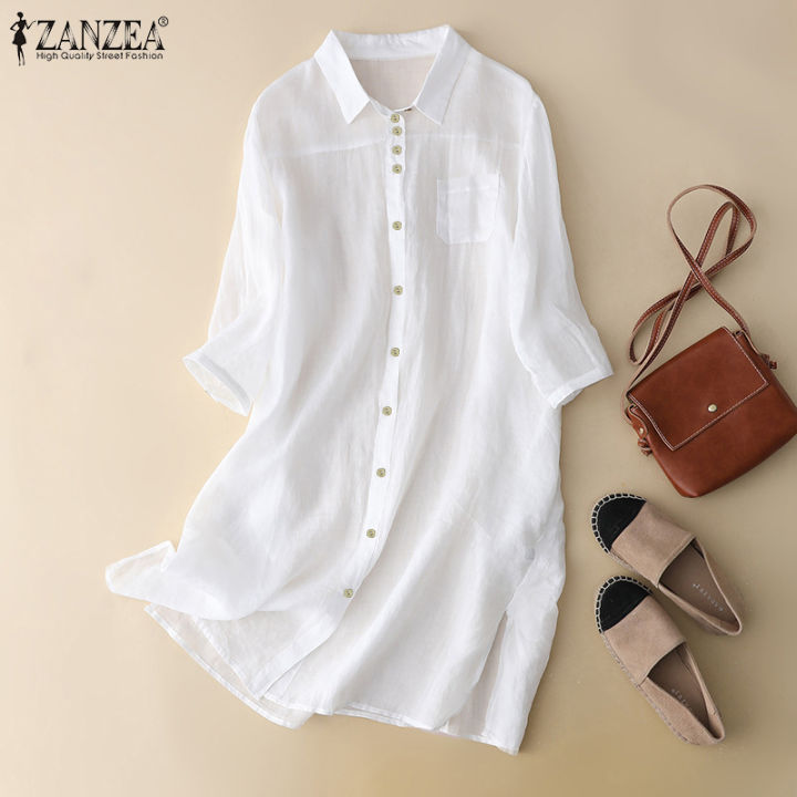 ZANZEA Womens Turn-Down-Collar Shirtdress Vintage Cotton Linen Patch ...