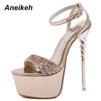 Aneikeh 2023 Sequined Cloth Fashion Summer Thin High Heel Sandals Party Shallow Pointed Toe Solid Buckle Strap Open Shoes 35-40