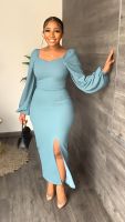 【YF】 Elegant Solid Color Long Prom Dresses for Women Square Collar Puff Sleeve Sexy Bodycon Slit Evening Cocktail Party Gowns Office