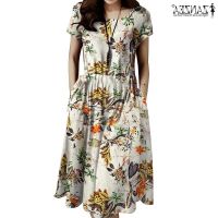 COD DSFGRDGHHHHH ZANZEA Women Summer Crew Neck Fashion Casual Loose Floral Print Short Sleeve Dress