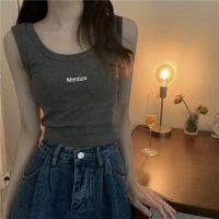 Genuine Uniqlo High-end Pure Desire Gray Letter Camisole Womens Summer Short Style Top with Navel Exposed Bottoming Hot Girl Top Summer