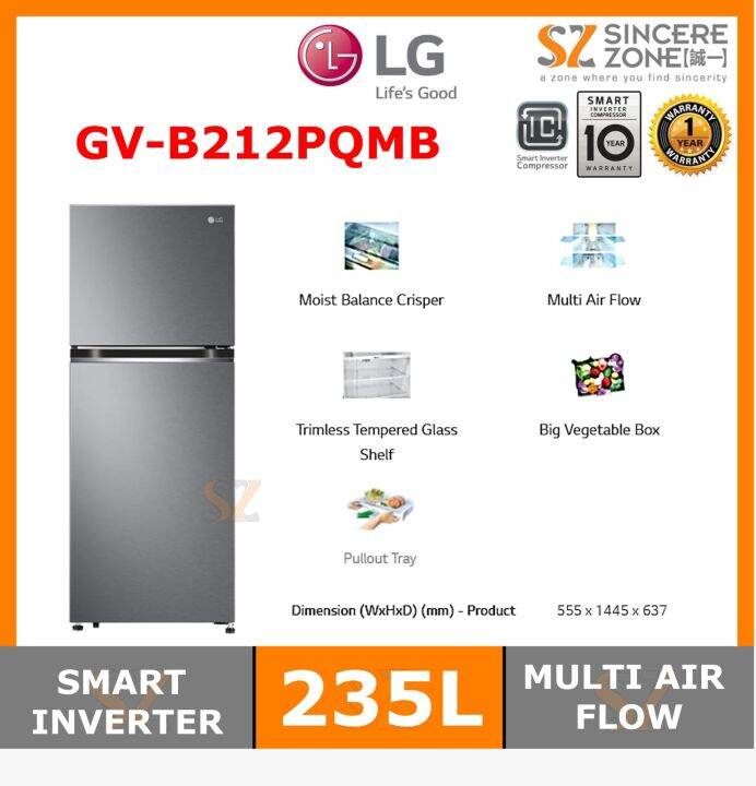 [FOR KLANG VALLEY ONLY] LG GNB202SQBB 2DOOR FRIDGE / 202L SMART INVERTER / MULTI AIR FLOW