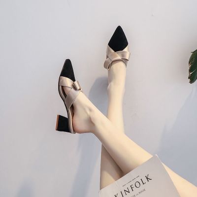 ◕❆№ In the summer of 2022 the new pointed pointed heels Mueller shoes semi -slippers half slippers women wear high -heeled single shoe sand slippers