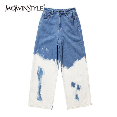 2021TWOTWINSTYLE Casual Loose Painted Women Full Length Jeans High Waist Hit Color Asymmetrical Denim Wide Leg Pants For Female Tide
