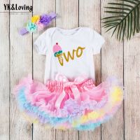 （HOT） Baby holiday childrens baby birthday one-year-old cartoon letters short-sleeved T-shirt romper pastel tutu suit