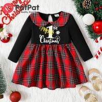 PatPat Christmas Baby Girl Letter พิมพ์ Peter Pan Collar ชุดเดรสลายสก๊อตแขนยาว Spliced