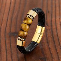 【CC】2021 New 3 Sides Natural Tiger Eye Stone Sports Style Mens Jewelry Bracelet 316L Stainless Steel Black Leather Cord Bracelet