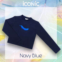 iCONiC  PARADISE RIBBED COTTON HIGH NECK LONG SLEEVE TEE #5406 สีน้ำเงินนาวี  -  เสื้อยืด แขนยาว ผ้าคัทต้อน ฟอกเนื้อ หนานุ่ม เนื้อสัมผัส ละเอียด ปักลาย ขนนก ฟู 3มิติ